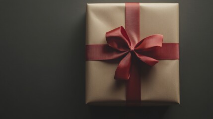 Aufkleber - A large gift box adorned with neutral wrapping paper and a bright red ribbon is resting on a dark background, perfect for any occasion. Generative AI