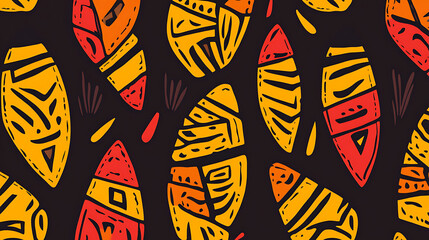 Colorful seamless pattern featuring abstract boat shapes in red, orange, and yellow on dark background, creating vibrant and playful design