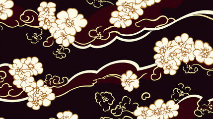 Seamless Batik pattern featuring elegant floral designs on dark background, showcasing intricate details and harmonious blend of colors. This artistic illustration captures essence of traditional