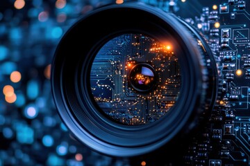 Wall Mural - Futuristic circuit board and camera lens