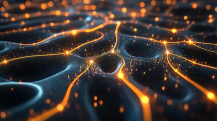 Abstract digital network with glowing lines and particles.