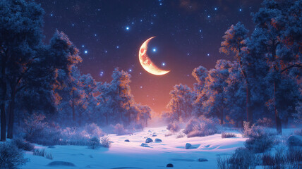 Wall Mural - Night forest illustration featuring a glowing moon and stars creating an abstract background for winter solstice
