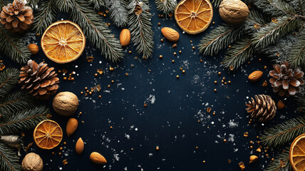 featuring fir branches nuts and dried oranges beautifully arranged on dark