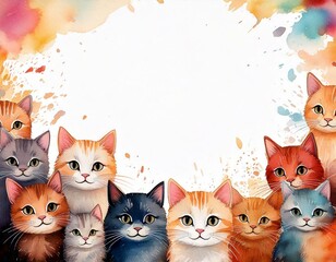 Watercolor cute cats background with empty copy space in the middle