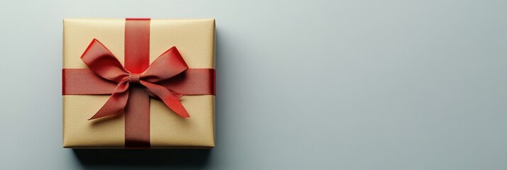 Poster - A beautifully wrapped large gift box with neutral colors and a contrasting red bow awaits to bring joy during celebrations or holidays. Generative AI