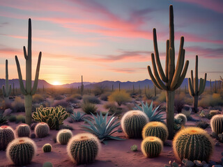 Captivating desert landscape at sunset with towering cacti and colorful sky in a serene wilderness setting