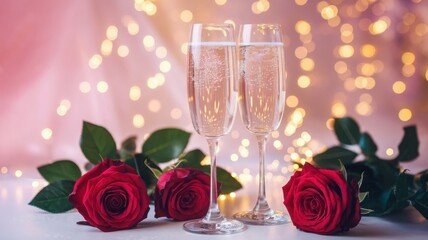 Champagne glasses with roses, romantic celebration, soft bokeh lights background, special occasion toast