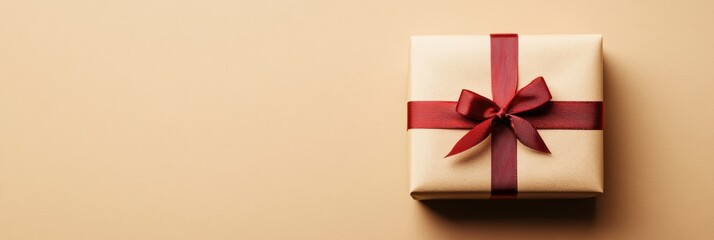 Poster - A large gift box features neutral-colored wrapping paper and a deep red ribbon, perfectly placed for a celebratory moment or surprise. Generative AI