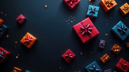 Poster - Saturated gift boxes adorned with vibrant bows are artistically arranged on a dark background, enhancing the festive mood for celebrations. Generative AI