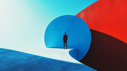 Individual on curved white platform with vibrant blue and red backdrop.