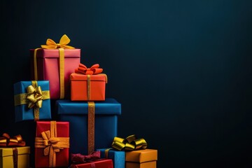 Poster - A vibrant arrangement of stacked gift boxes adorned with shiny bows, creating a festive atmosphere for celebrations and special events. Generative AI