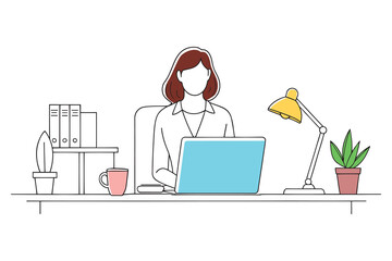  Woman focused on her work in a home office setting, surrounded by office supplies and technology isolated continuous line art flat vector illustration on white background.