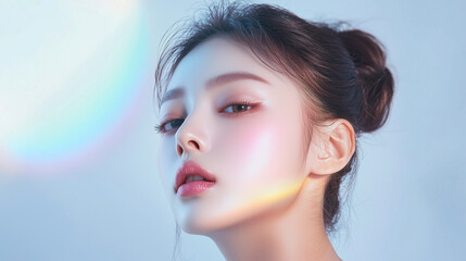 Aufkleber - 若くて綺麗なアジア人女性モデルの顔のアップ。ファッションや美容広告の撮影。