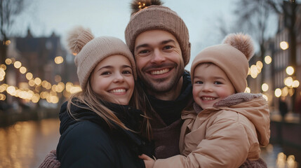 Smiling Family by Illuminated Canals in Amsterdam During Holidays