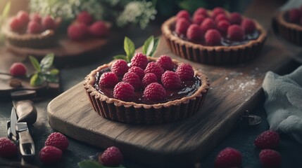 Raspberry chocolate tart presentation: Two artisanal tarts on a wooden board, surrounded by loose raspberries and rustic kitchen elements, evoking a homemade, cozy atmosphere, The details in the food