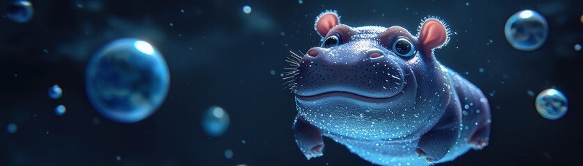 Wall Mural - a baby pygmy hippo with wet skin floating in an ai-driven virtual reality space, surrounded by holog
