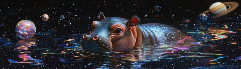 Wall Mural - a baby pygmy hippo with wet skin floating in an ai-driven virtual reality space, surrounded by holog