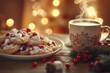 cozy winter scene with cookies and hot drink