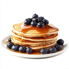 Wall Mural - Delicious pancakes stack topped with fresh blueberries and golden syrup. Perfect for breakfast or brunch. A tempting treat for any pancake lover. Enjoy a flavorful morning delight. AI