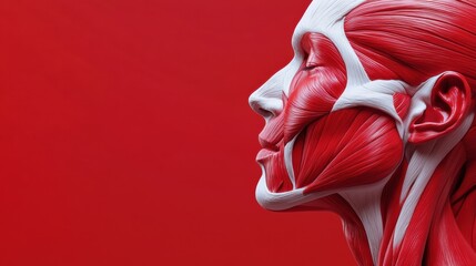 Aufkleber - A striking close-up of the human muscle structure showcases intricate red and white muscles against a vibrant red background. Generative AI