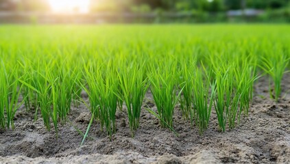 Wall Mural - Lush green rice plants growing in fertile soil under sunlight.