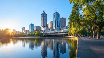 City skyline reflected in water at sunrise, showcasing urban beauty.