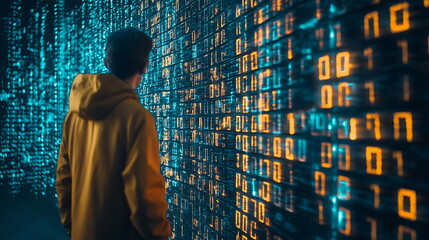 Aufkleber - Exploring the digital frontier a person in a yellow hoodie engaged with a vibrant display of binary data in a futuristic environment