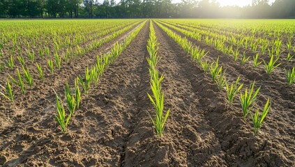 Wall Mural - Lush green rice seedlings growing in neatly arranged rows in a field.