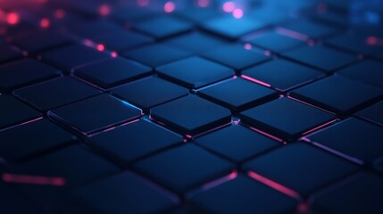 Abstract digital pattern with glowing squares in blue and pink hues.