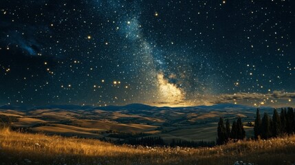 Wall Mural - A night sky filled with stars and the Milky Way galaxy over a peaceful rural landscape with rolling hills.