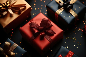 Aufkleber - Colorful gift boxes with shiny bows are arranged stylishly on a dark surface, creating an inviting atmosphere for celebrations. Generative AI
