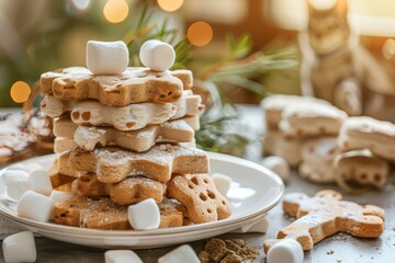 Festive marshmallow and cookie tower: holiday treats and cozy decor