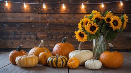 Wall Mural - Autumn decorations with pumpkins and sunflowers, cozy fall vibes, seasonal beauty