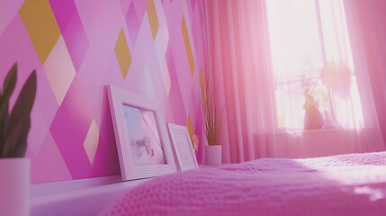 vibrant and stylish bedroom interior featuring geometric decor, soft pink walls, and natural light streaming through window. cozy atmosphere is enhanced by decorative plants and framed pictures