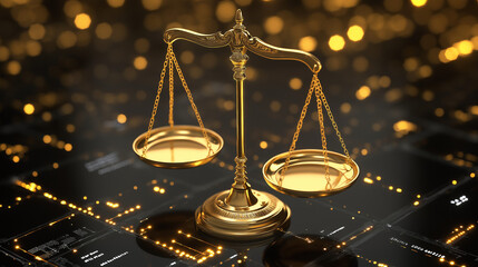 a golden balanced scale placed on a high-tech surface illuminated by a pattern of lights. The combination of the traditional symbol of justice with a modern, digital background conveys themes of law, 