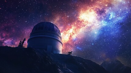 Wall Mural - An observatory dome under a star-filled galaxy, with telescopes pointed toward the cosmos.