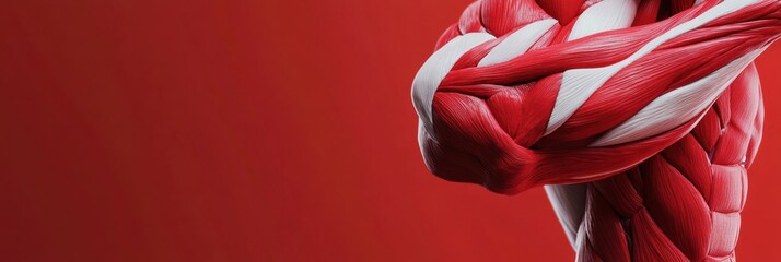 Leinwandbilder - This artwork displays a detailed close-up of a striking red and white muscle, emphasizing its anatomical features against a vivid red backdrop. Generative AI