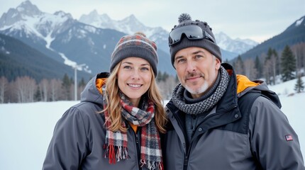 Close-up of couple in ski outfits against snowy mountains background