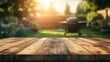 © 69 - Close-up of a wooden table with the soft blur of a barbecue in a backyard, perfect for product placements and summer vibes.