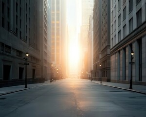 Empty city street bathed in golden light, flanked by towering skyscrapers, creating a serene urban atmosphere.