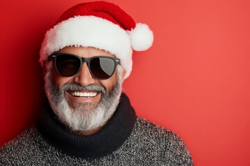 A joyful Santa Claus, with a big smile and wearing stylish sunglasses and his iconic red hat, stands against a vibrant red background, radiating holiday cheer.