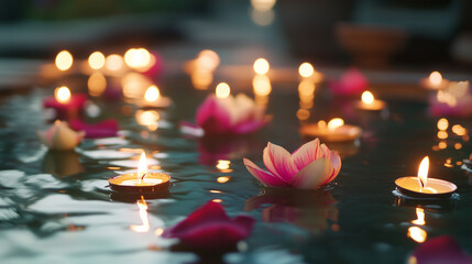 Wall Mural - Burning candles in water for Diwali holiday