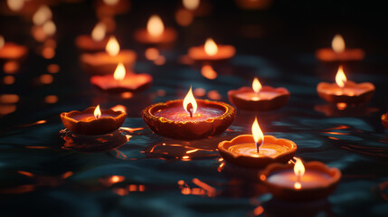 Wall Mural - Burning candles in water for Diwali holiday