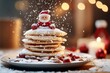 © Odin AI - A delicious stack of pancakes is topped with a charming Santa decoration, dusted with powdered sugar, creating a festive breakfast scene filled with holiday spirit.