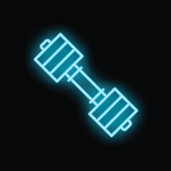 Wall Mural - Blue neon sign of a dumbbell glowing on a black background