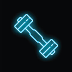 Wall Mural - Bright, glowing blue neon dumbbell icon is set on a black background