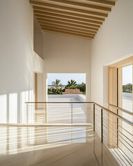 Modern minimalist interior with wooden beams and natural light in a spacious hallway