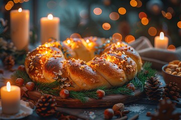 Festive Holiday Wreath Bread Decorated with Nuts and Illumined by Candlelight Surrounded by Warm Holiday Ambiance and Pinecones Bokehholiday