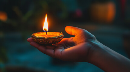 Wall Mural - Burning candle in hand for Diwali holiday