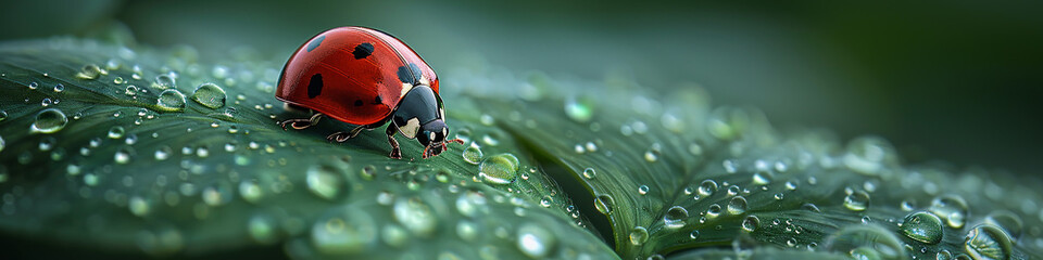 A high-quality macro photo of a ladybug sitting on a clover leaf, surrounded by a green meadow. The scene captures the vibrant greens and the detailed features of the ladybug.